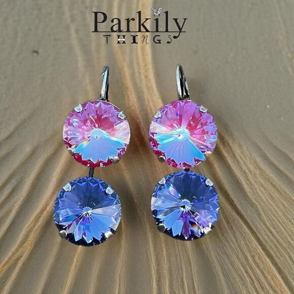 Handcrafted earrings with purple and pink sparkly Swarovski crystal - Picture 1 of 7